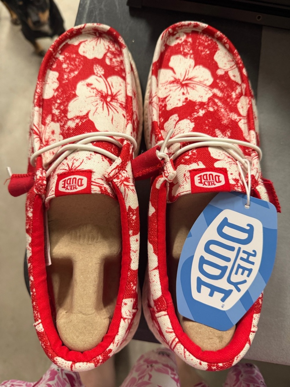 Hey Dude Red and White Floral Canvas Slip-Ons
